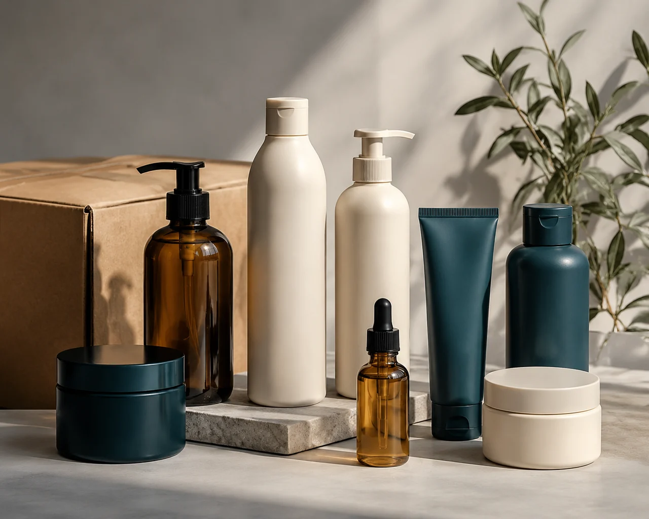 Illustrative still life of unbranded cosmetic packaging