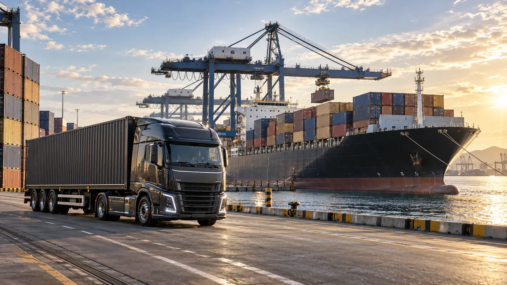 Container truck beside a cargo ship at a port terminal, representing integrated road and ocean logistics